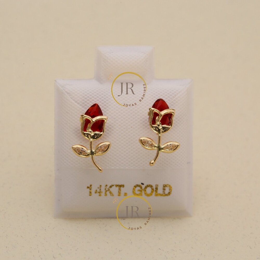 14K Solid Yellow Gold Red Tulip Stud Earrings • Floral Elegance & Passion.
